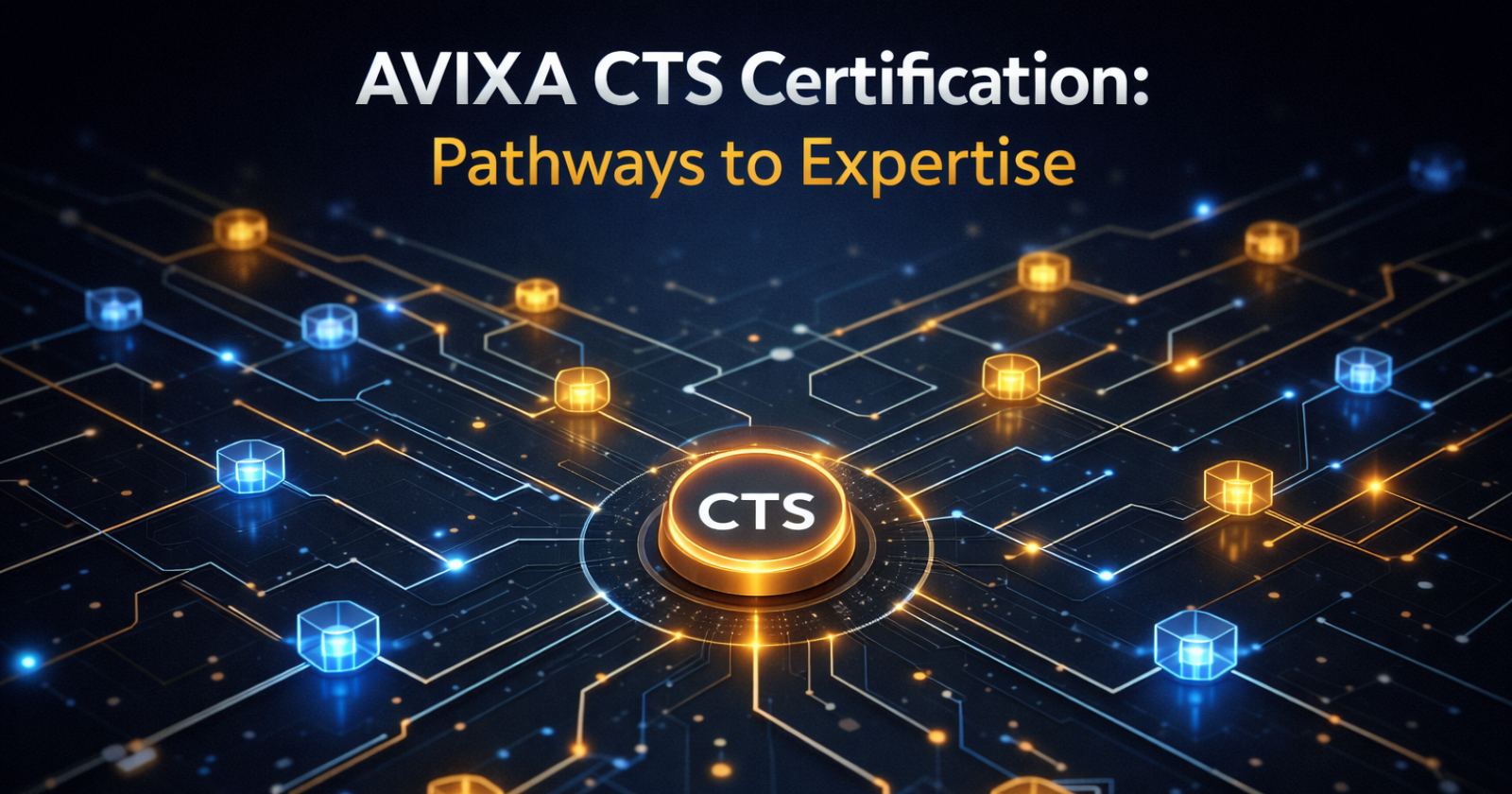 An isometric illustration showing interconnected knowledge nodes and career paths converging towards a central "CTS" node, symbolizing professional growth through AVIXA CTS certification.