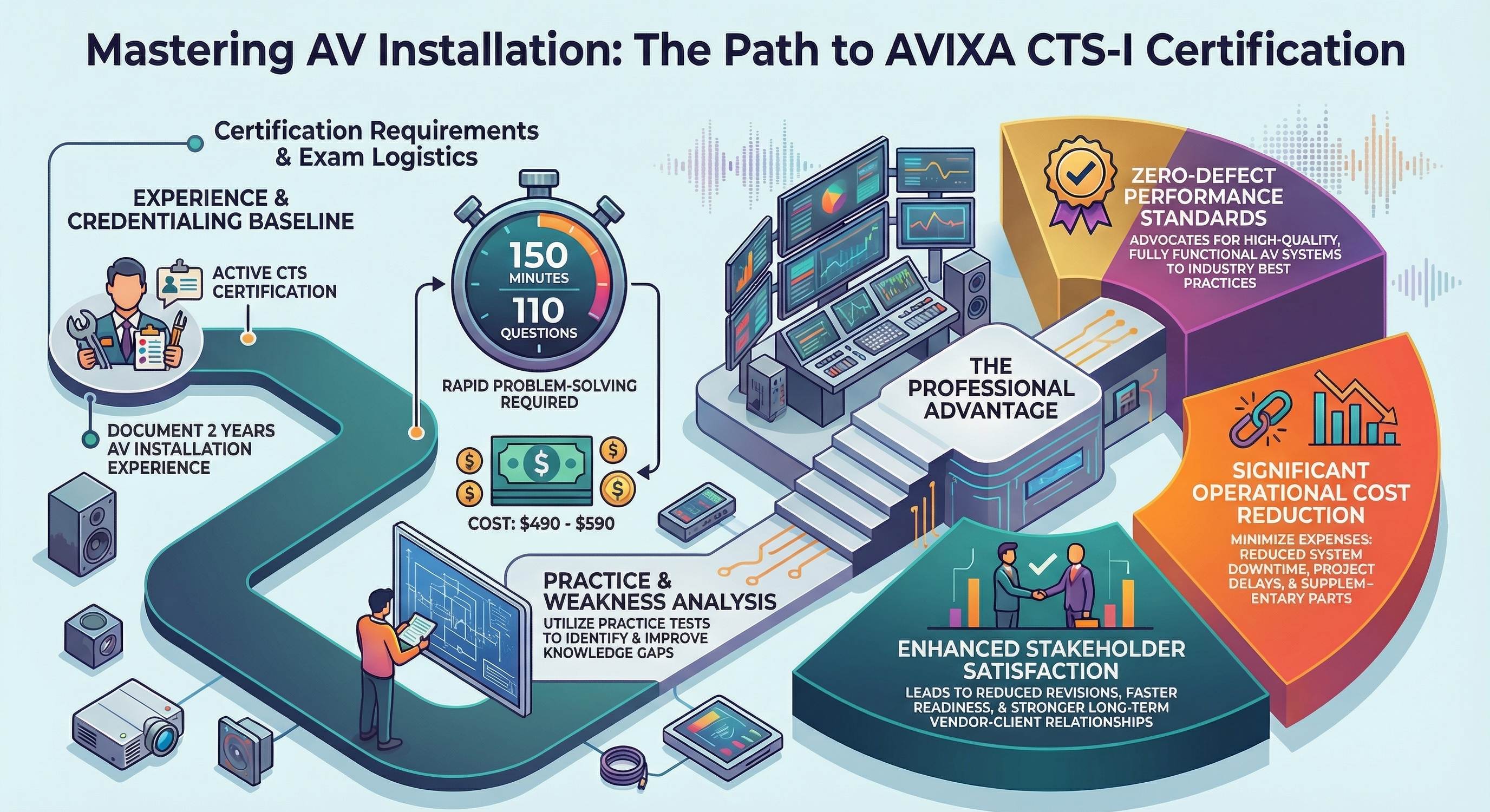 Mastering AV Installation infographic showing CTS-I certification path with exam requirements, experience baseline, cost, time, and professional benefits in a detailed visual layout.