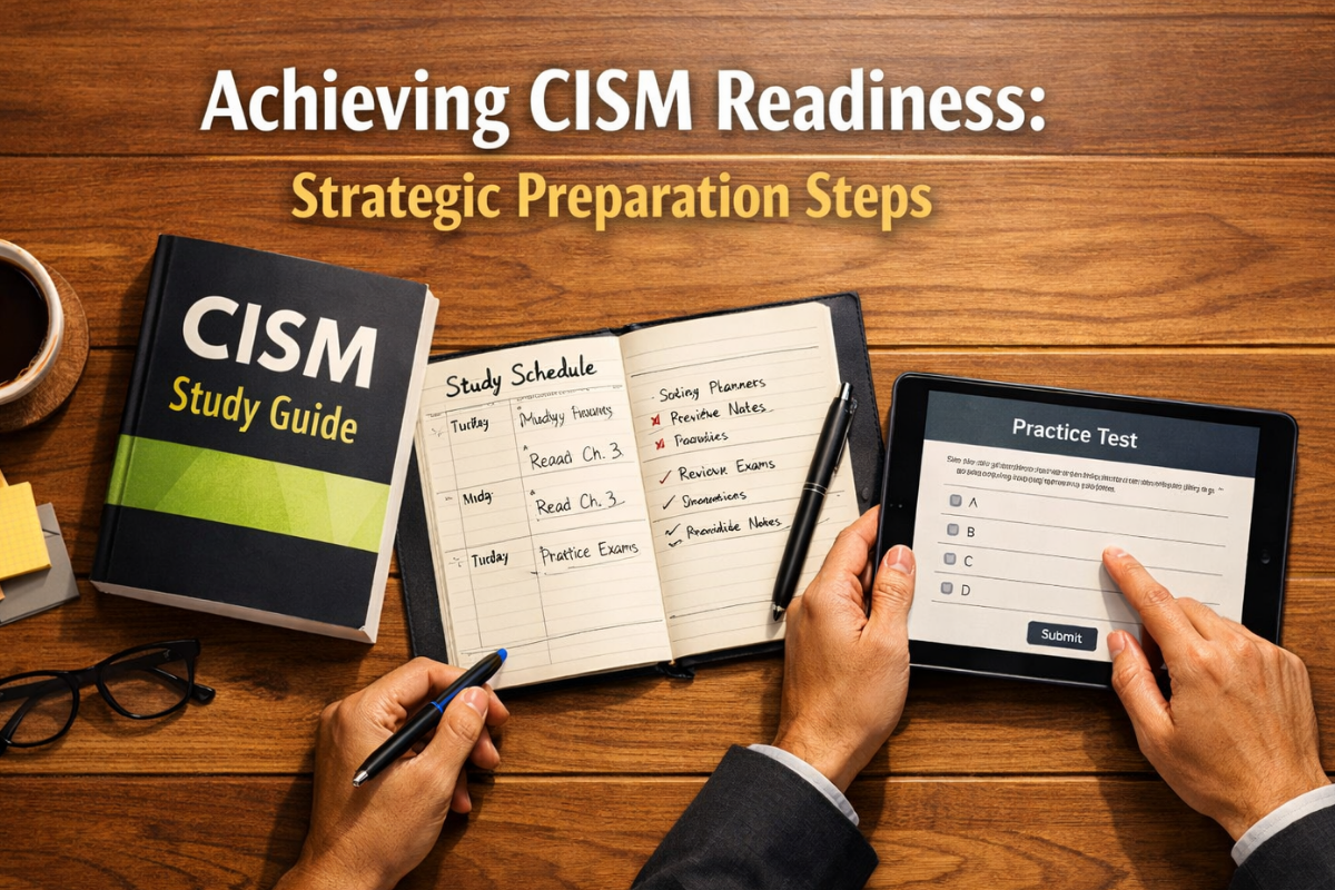 A top-down view of a desk with CISM study materials, including a CISM Review Manual, a tablet with a practice exam, and a study planner, symbolizing organized preparation for the certification.