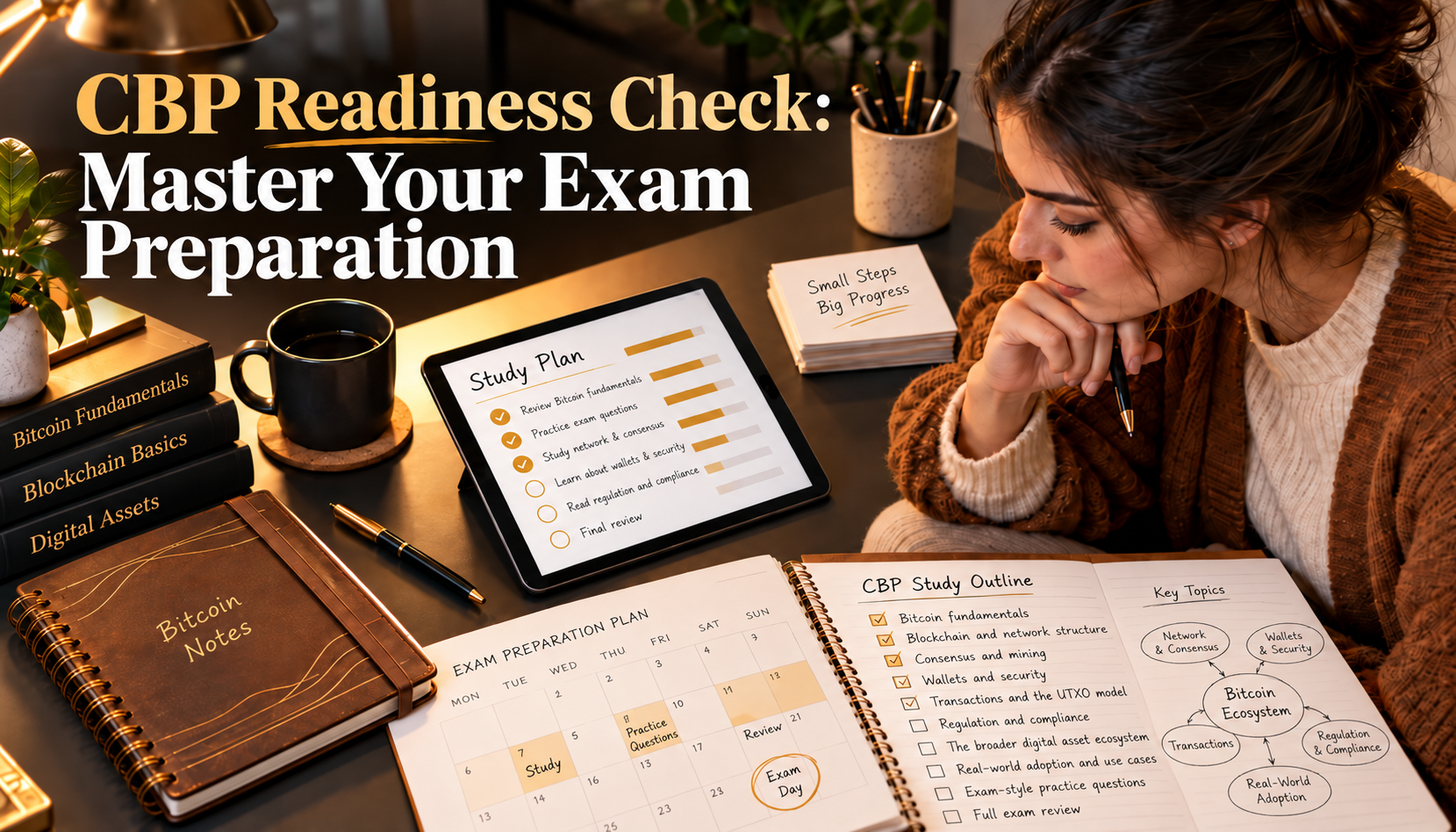 A focused woman is seen from a top-down perspective, meticulously reviewing her study planner on a tablet, surrounded by notes and a Bitcoin journal. The image conveys strategic preparation and readiness for the Certified Bitcoin Professional (CBP) exam, highlighting organized study habits.