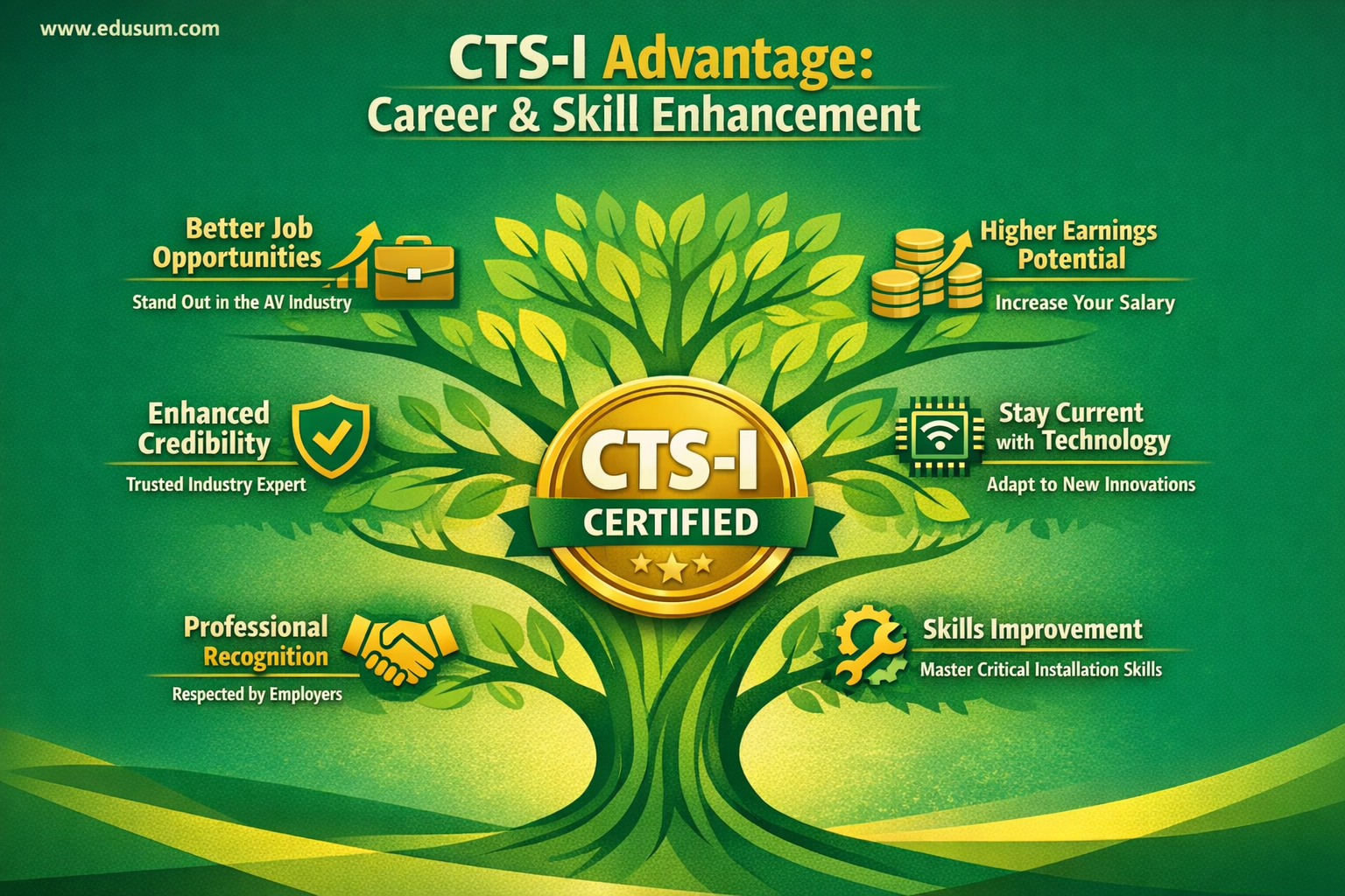 Infographic illustrating the benefits of AVIXA CTS-I certification, showing improved career prospects, higher earning potential, and enhanced professional credibility through a branching visual structure in green and gold tones.