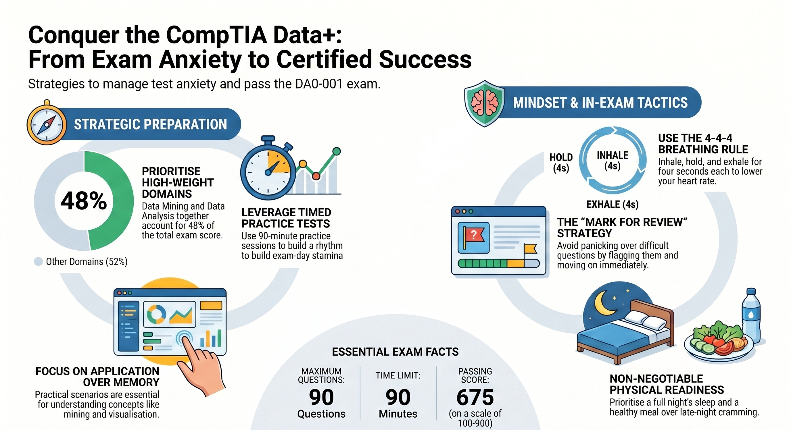 Infographic titled “Conquer the CompTIA Data+: From Exam Anxiety to Certified Success” featuring strategic preparation tips, breathing techniques, exam facts, and wellness advice for passing the DA0-001 exam.