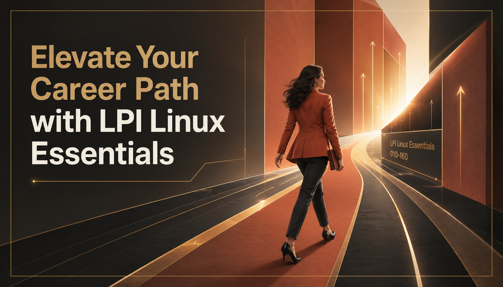 An adult woman confidently walks through a modern, abstract digital corridor with glowing pathways, symbolizing career elevation facilitated by LPI Linux Essentials (010-160) certification.