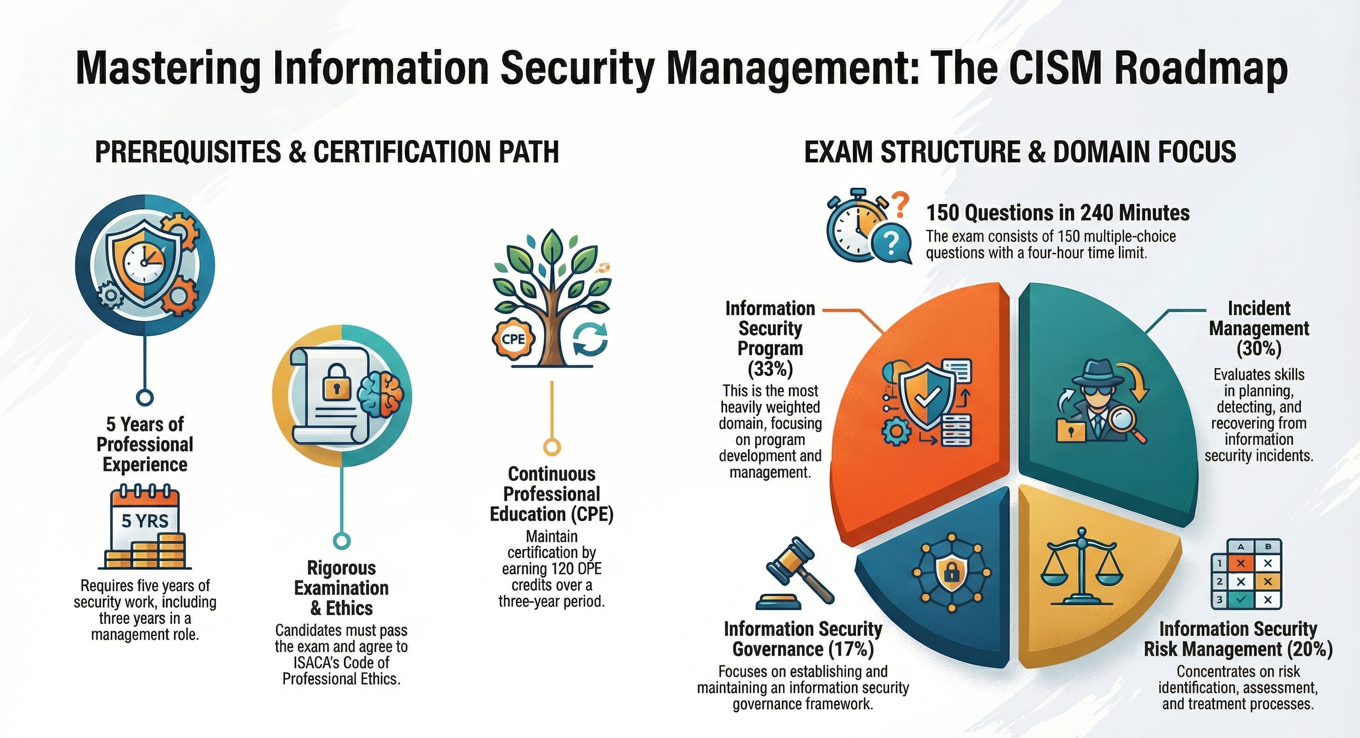 Infographic titled “Mastering Information Security Management: The CISM Roadmap” showing certification prerequisites like experience and ethics alongside a pie chart of exam domains including program management, incident management, risk management, and governance.