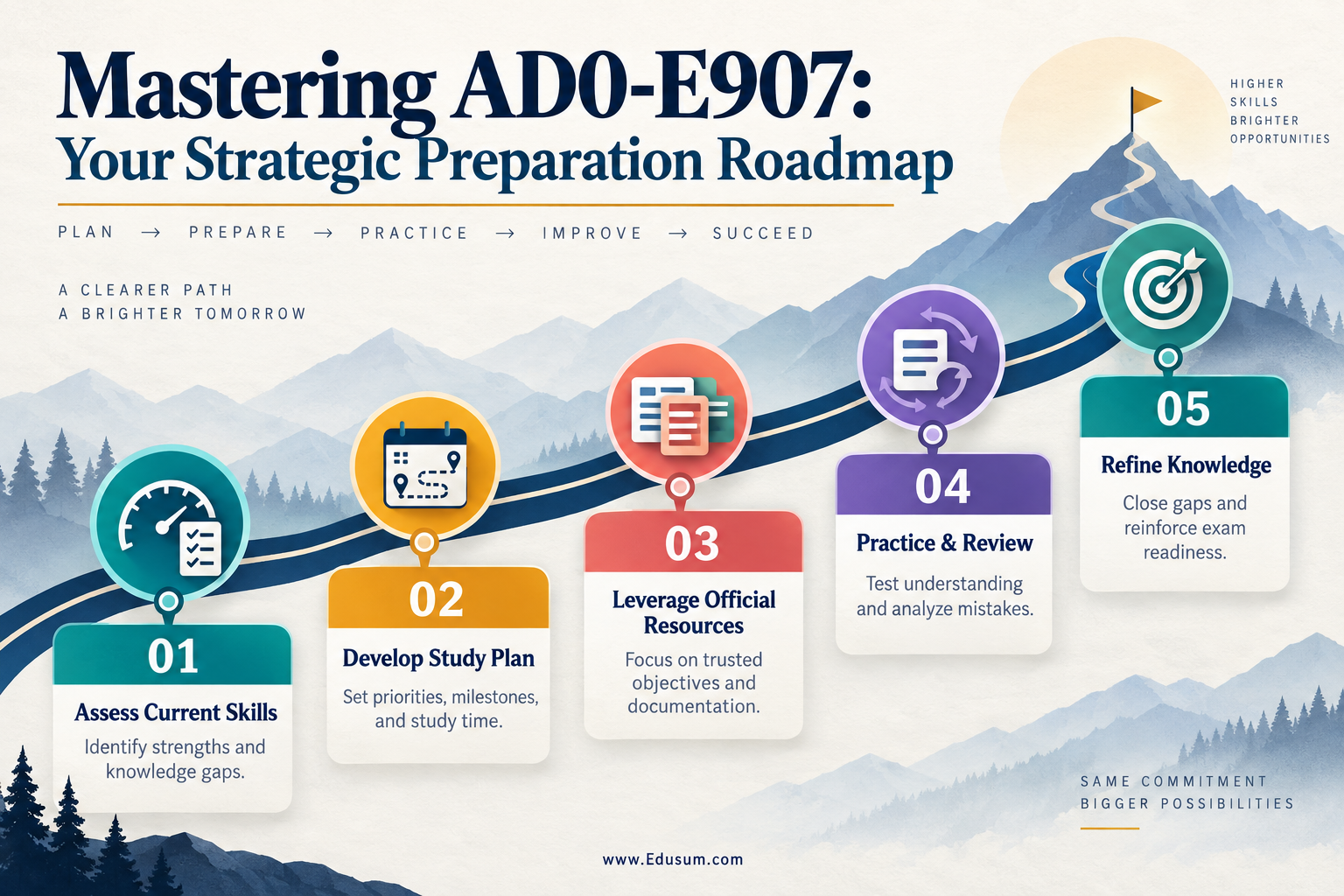 Infographic detailing a strategic preparation roadmap for the Adobe AD0-E907 Exam, covering skill assessment, study planning, resource utilization, and practice assessments.