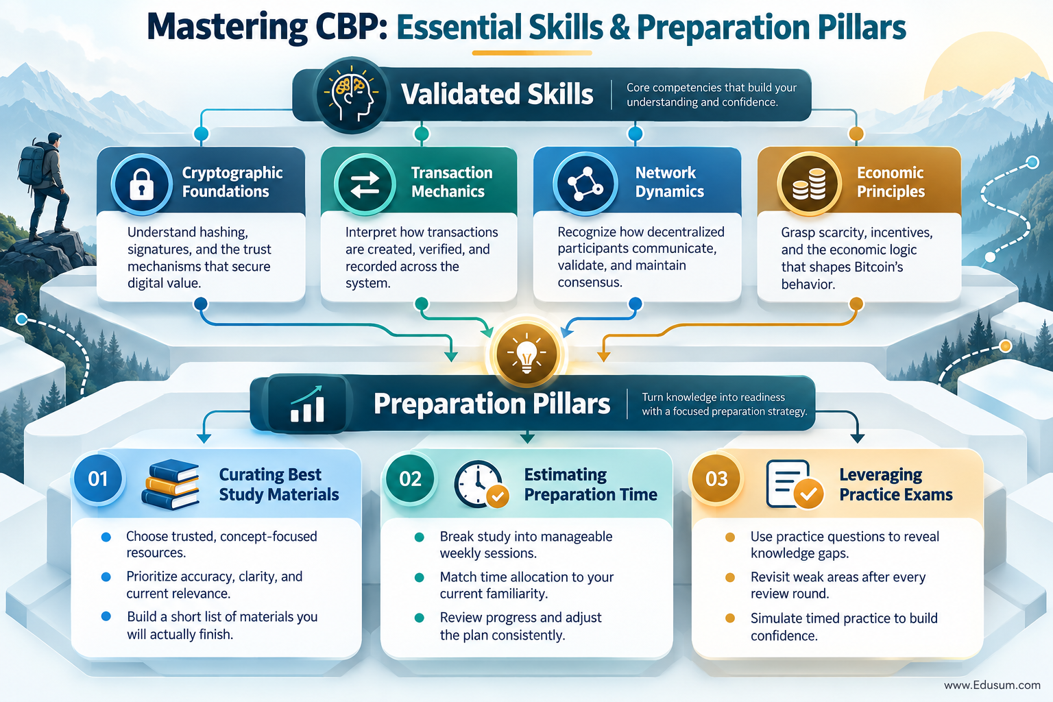 An infographic titled "Mastering CBP: Essential Skills & Preparation Pillars" visualizes the skills validated by the Certified Bitcoin Professional exam (Cryptography, Transactions, Network, Economics) and key preparation strategies (study materials, time, practice exams) using a layered block design. It emphasizes comprehensive readiness.