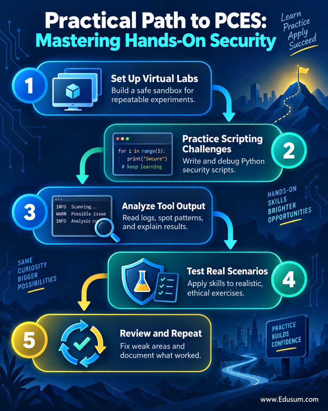 Infographic detailing the practical steps for mastering hands-on security skills for the Python Institute PCES, including virtual labs, scripting challenges, and tool analysis.