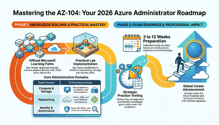 Infographic titled Mastering the AZ-104: Your 2026 Azure Administrator Roadmap showing a two-phase path from learning Microsoft Azure fundamentals and hands-on labs to exam preparation and career advancement over 3-12 weeks.