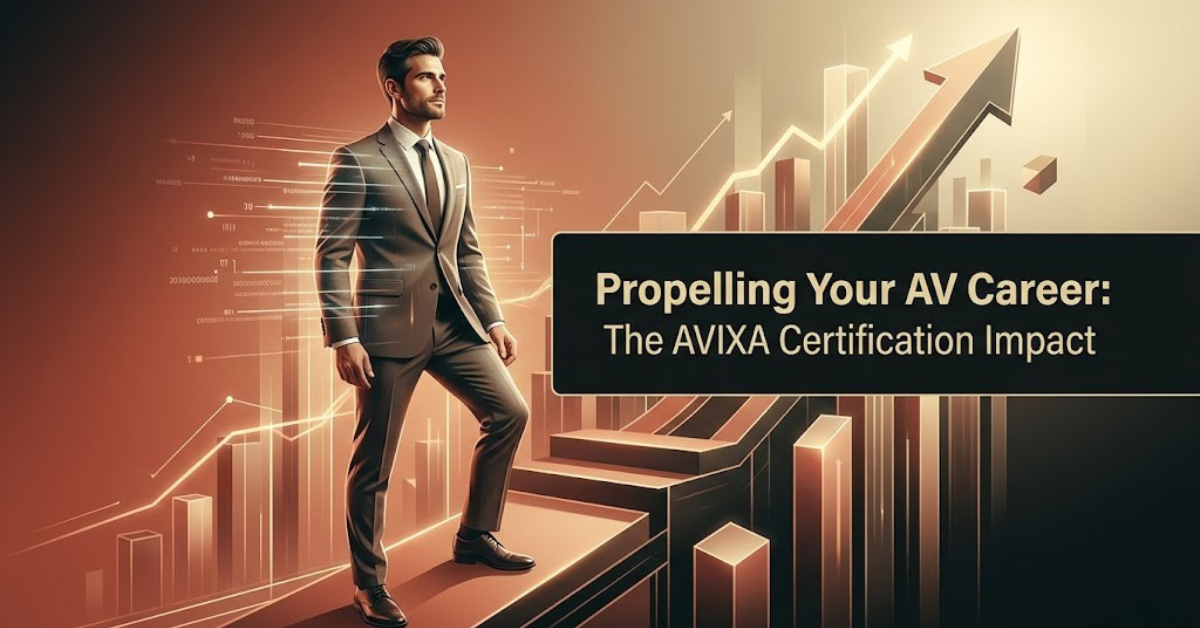 A confident AV professional stands before a dynamic, upward-trending graph, symbolizing career advancement and the positive impact of AVIXA CTS-I certification.
