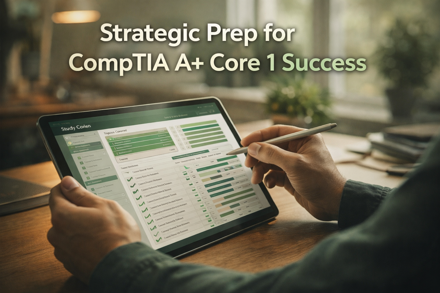 Close-up of a professional’s hands using a stylus on a tablet displaying a detailed study plan in a calm, modern workspace with the headline Strategic Prep for CompTIA A+ Core 1 Success at the top.