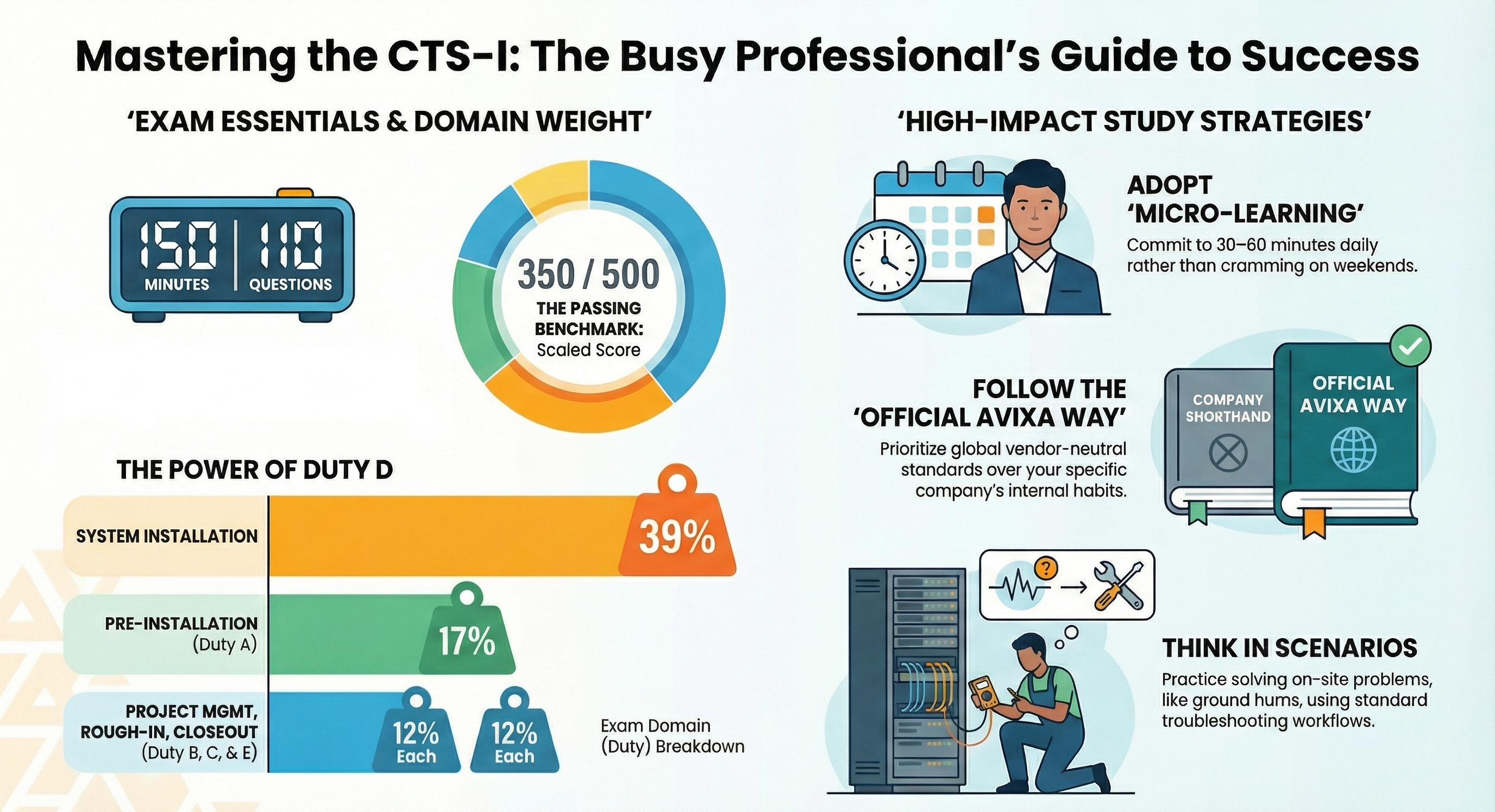 Mastering the CTS-I infographic illustrating exam essentials, domain weight distribution, passing score, and high-impact study strategies for busy professionals.