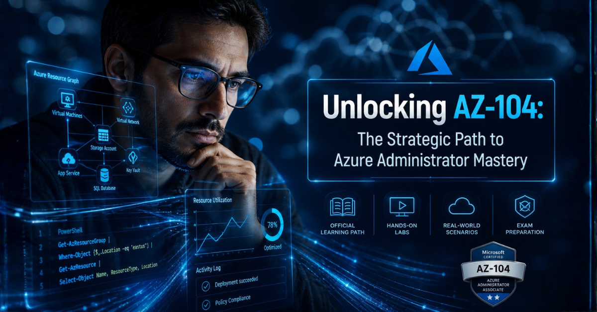 An adult man strategically analyzing holographic Azure data and code, symbolizing advanced AZ-104 preparation and cloud administration mastery. The image reflects deep thought in a futuristic Azure environment.