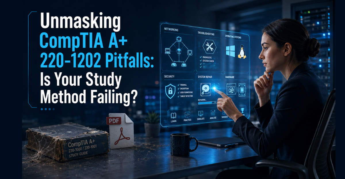 An IT professional at a desk with modern holographic study tools, symbolizing effective CompTIA A+ 220-1202 preparation, contrasting with an old, blurry PDF in the background.
