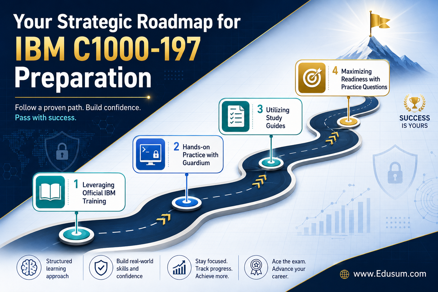 An infographic illustrates a strategic preparation roadmap for the IBM C1000-197 exam, outlining steps from official training and hands-on practice to study guides and practice questions.